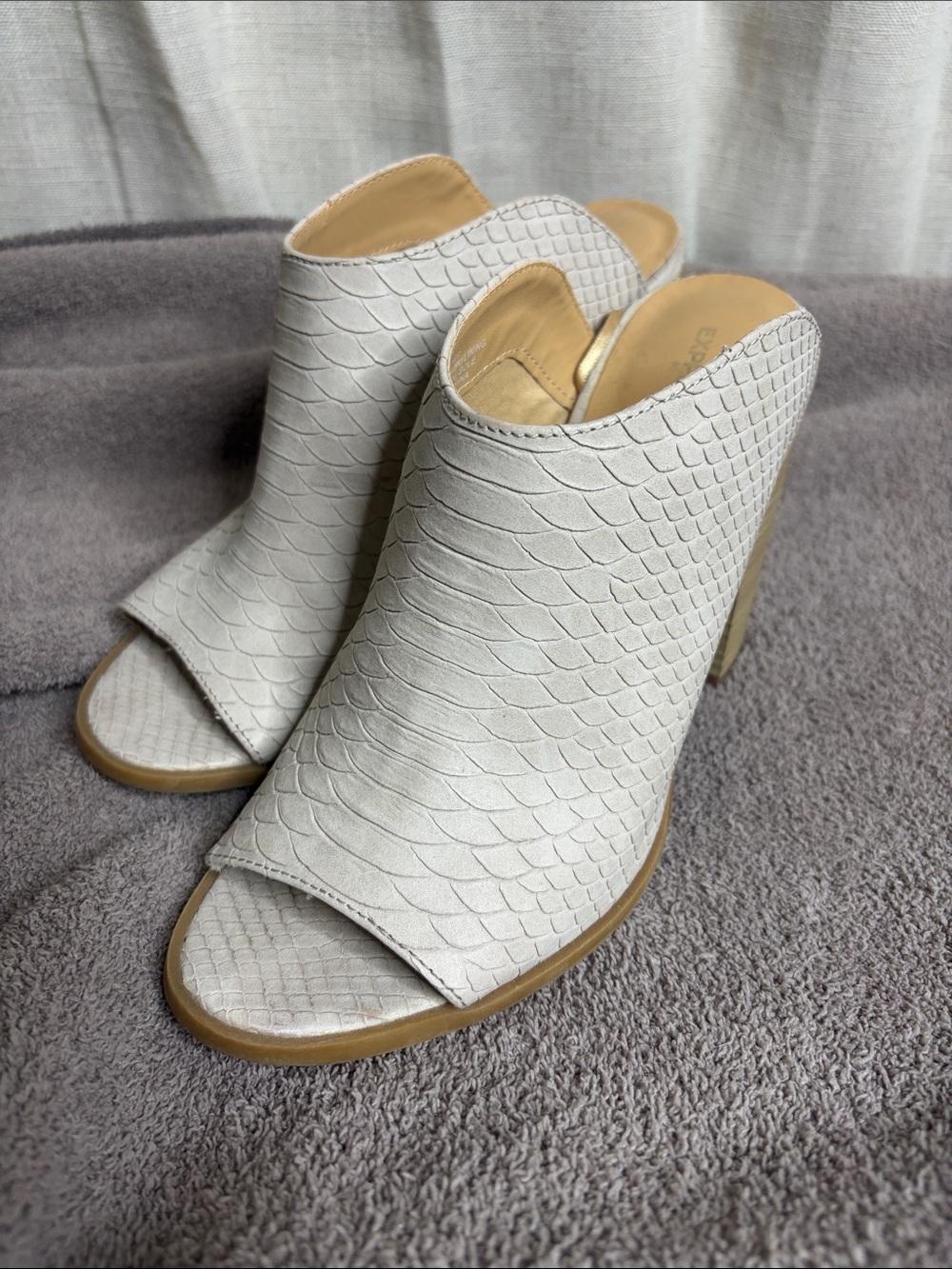 Express Cream Peep-Toe Textured Mule Heels